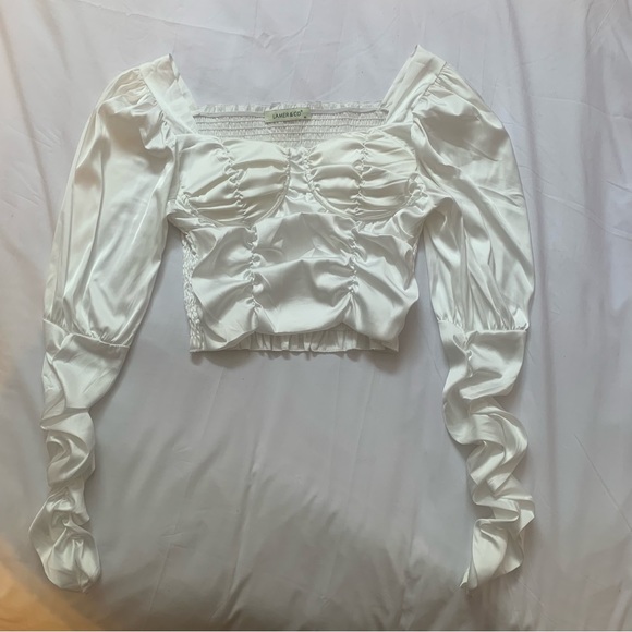 White Puffy sleeve sweetheart square neck long sleeve crop top in satin milkmaid - Picture 2 of 6